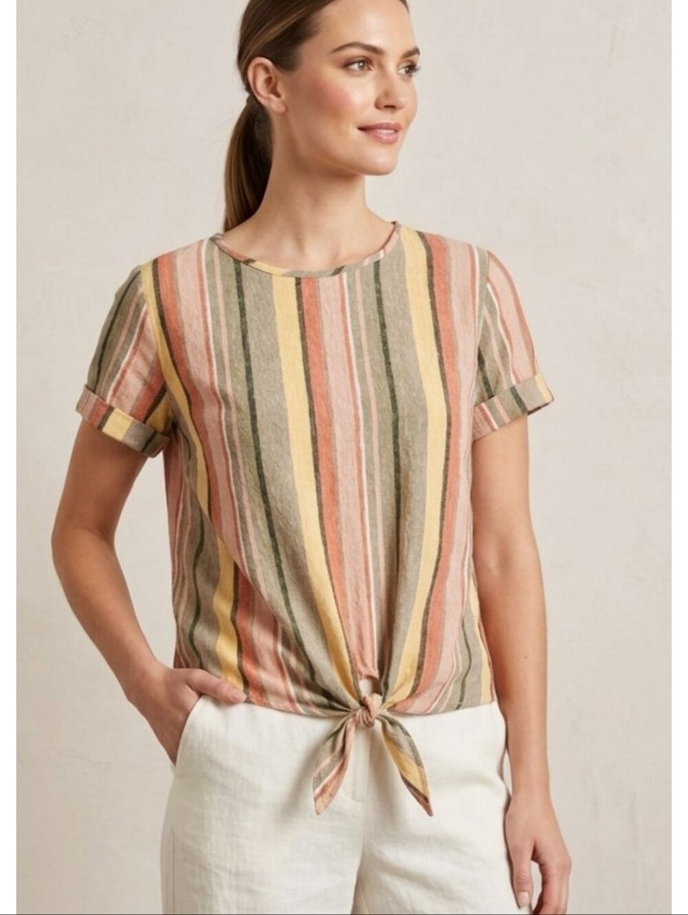 Kim & Cami Striped Tie Front top Earthtones Size S